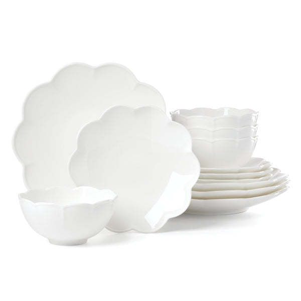 Lenox Studio 1414 Bone China Dinnerware Set Scalloped Edge Elegant Gloss Finish for Everyday Dining Curve 12-Piece 898753
