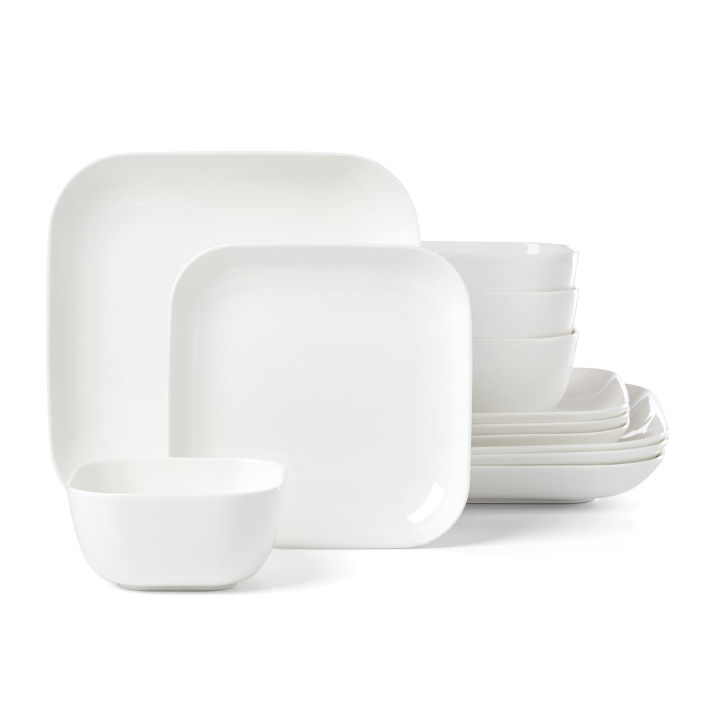Lenox Studio 1414 Bone China Dinnerware Set Glossy White Modern Plates and Bowls for Elegant Dining Curve 12-Piece 898755