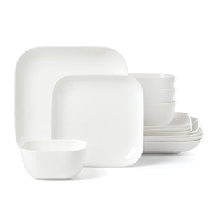 Lenox Studio 1414 Bone China Dinnerware Set Glossy White Modern Plates and Bowls for Elegant Dining Curve 12-Piece 898755