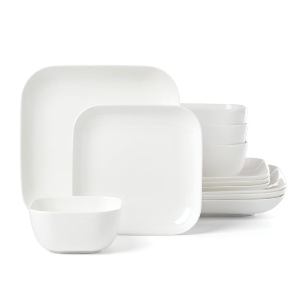 Lenox Studio 1414 Bone China Dinnerware Set Glossy White Modern Plates and Bowls for Elegant Dining Curve 12-Piece 898755