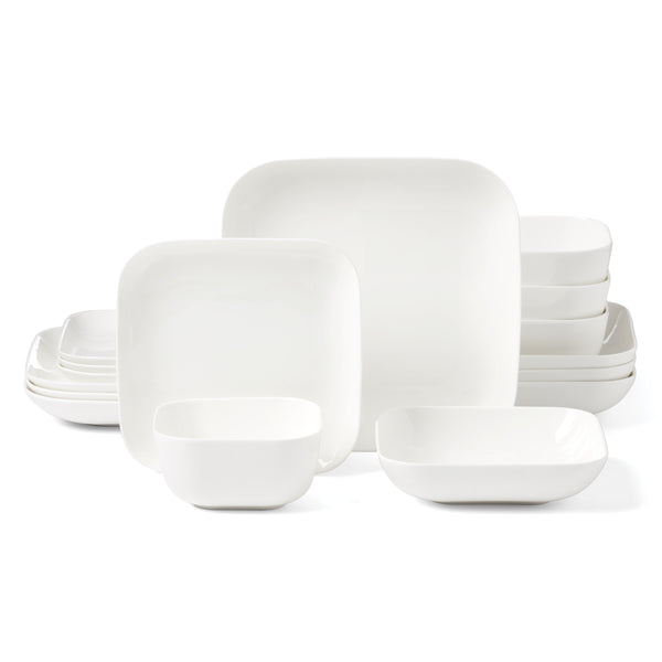 Lenox Studio 1414 Bone China Dinnerware Set Glossy White Modern Plates and Bowls for Elegant Dining Square 16-Piece 898756
