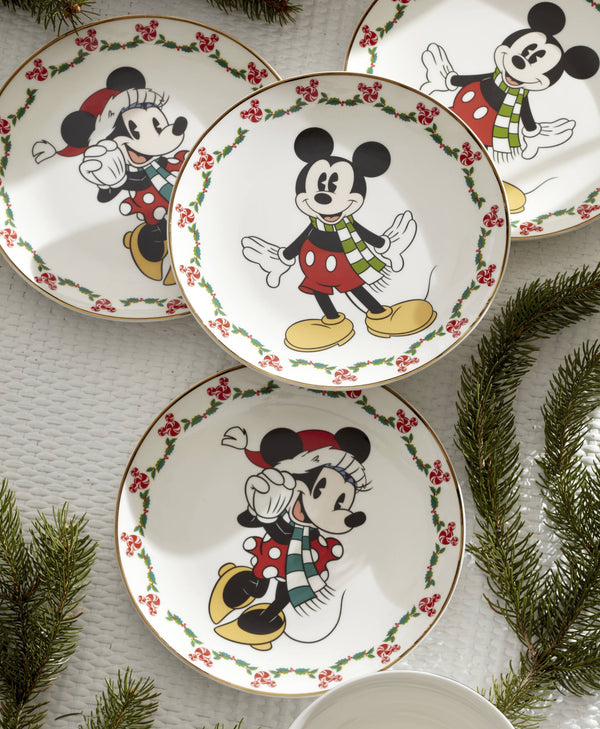Lenox Disney Mickey and Minnie Holiday Porcelain Dessert Plates Festive 12 Piece Set 898776
