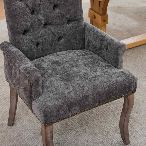 English Elm Upholstered Chenille Club Dining Chair Tufted High Back with Curved Solid Wood Legs Gray W1143P449348