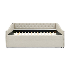 English Elm Full Size Upholstered Daybed with Trundle Usb Ports Tufted Back Wave Arms W1413S00158