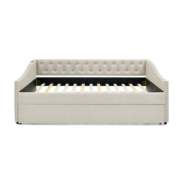 English Elm Full Size Upholstered Daybed with Trundle Usb Ports Tufted Back Wave Arms W1413S00158