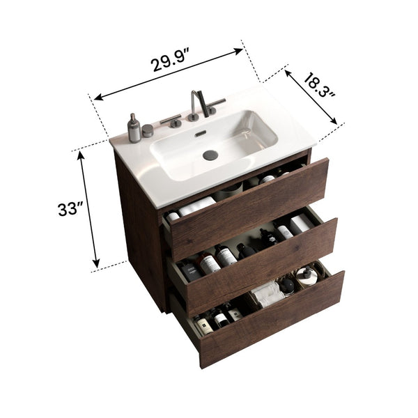 English Elm Tia 30" Walnut Bathroom Vanity With Pre-Assembled White Sink - Elegant Storage & Soft-Close Drawers W1865S00073-GIGA