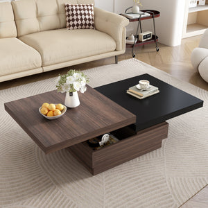 English Elm Rotatable Top Coffee Table, Modern Square Coffee Table With Wood Grain Design, 1 Hidden Storage Space For Living Room, Black+Brown