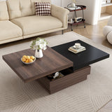 Rotatable Top Modern Square Coffee Table w/ Wood Grain Design, Hidden Storage, Black+Brown