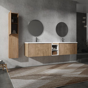 English Elm 84" Wall-Mounted Bathroom Vanity Set With Soft-Close Doors, Dual Sinks & Abundant Storage Space W999S00233