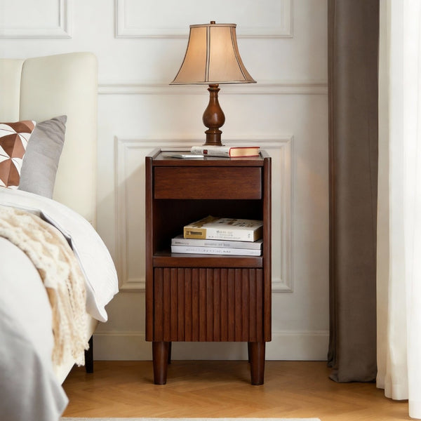 English Elm Wooden Rubber Solid Nightstand with Drawer Open Shelf Tapered Legs Small Space Bedroom W5368P460430