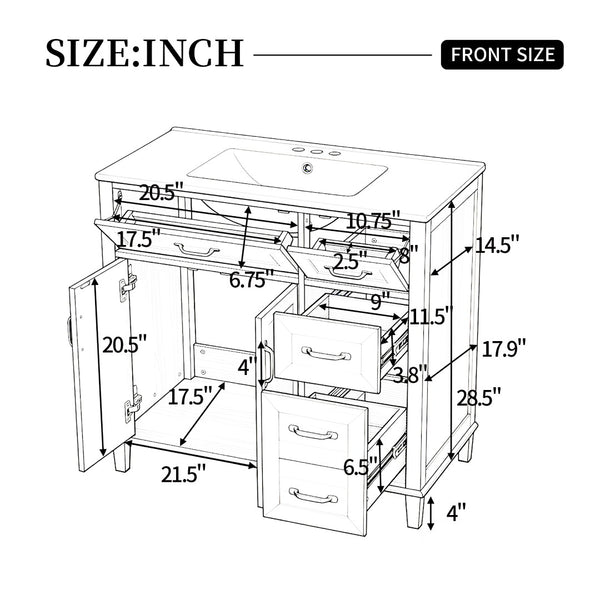 English Elm [video] 36 Inch Freestanding Bathroom Vanity with Ceramic Sink and Soft Close Storage N759P395344N