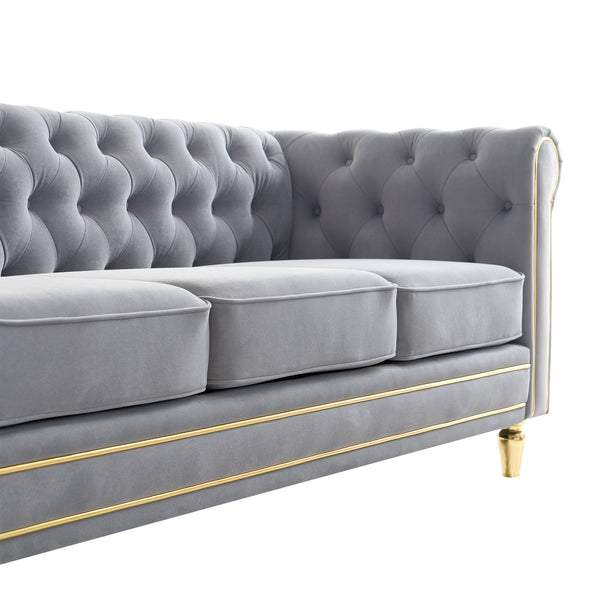 English Elm Chesterfield 84.65" Rolled Arm Velvet Sofa Light Grey with Gold Trim, Deep Tufting & Plush Seats W579P326878