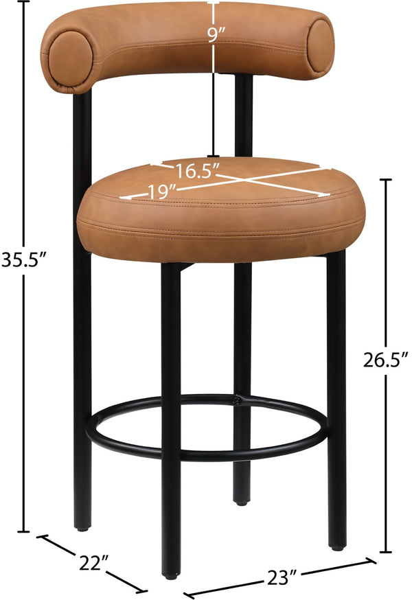 Meridian Furniture Bordeaux Vegan Leather Counter Stool with Sculpted Back and Sturdy Matte Iron Frame Cognac 898Cognac-C