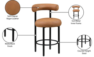 Meridian Furniture Bordeaux Vegan Leather Counter Stool with Sculpted Back and Sturdy Matte Iron Frame Cognac 898Cognac-C