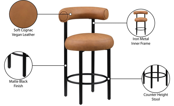 Meridian Furniture Bordeaux Vegan Leather Counter Stool with Sculpted Back and Sturdy Matte Iron Frame Cognac 898Cognac-C