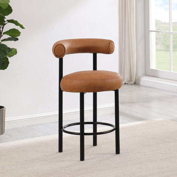 Meridian Furniture Bordeaux Vegan Leather Counter Stool with Sculpted Back and Sturdy Matte Iron Frame Cognac 898Cognac-C