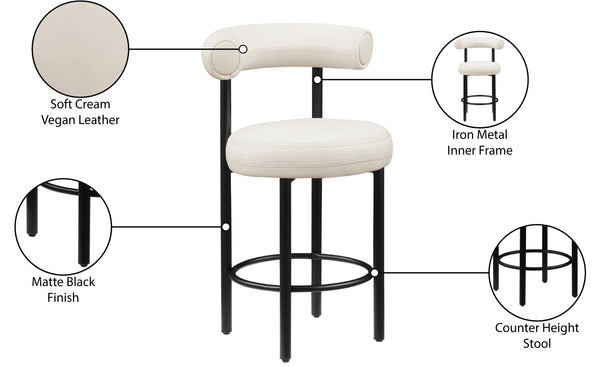 Meridian Furniture Bordeaux Vegan Leather Counter Stool with Sculpted Back and Sturdy Matte Iron Frame Cream 898Cream-C