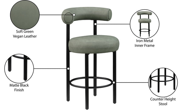 Meridian Furniture Bordeaux Vegan Leather Counter Stool with Sculpted Back and Sturdy Matte Iron Frame Green 898Green-C