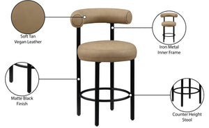 Meridian Furniture Bordeaux Vegan Leather Counter Stool with Sculpted Back and Sturdy Matte Iron Frame Tan 898Tan-C