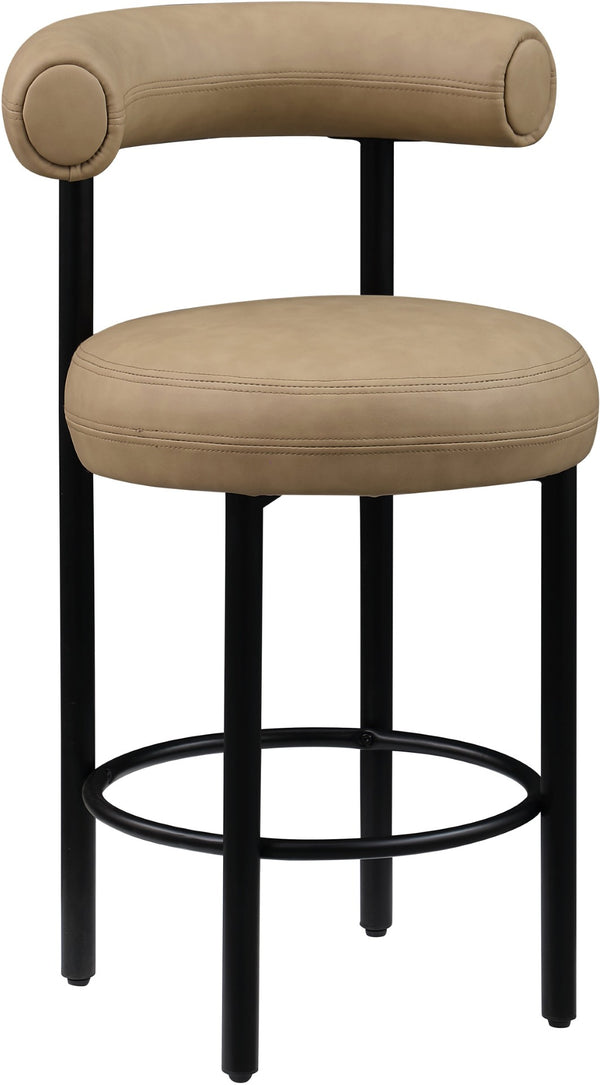 Meridian Furniture Bordeaux Vegan Leather Counter Stool with Sculpted Back and Sturdy Matte Iron Frame Tan 898Tan-C
