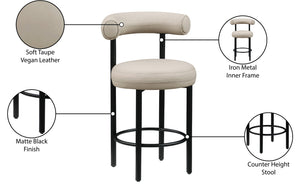 Meridian Furniture Bordeaux Vegan Leather Counter Stool with Sculpted Back and Sturdy Matte Iron Frame Taupe 898Taupe-C