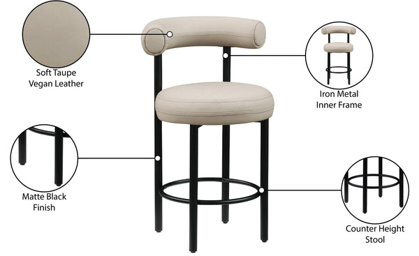 Meridian Furniture Bordeaux Vegan Leather Counter Stool with Sculpted Back and Sturdy Matte Iron Frame Taupe 898Taupe-C