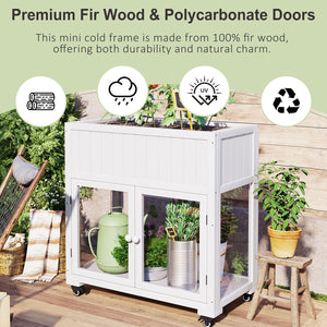 English Elm TOPMAX Mini Cold Frame Greenhouse with Fir Wood, Polycarbonate Doors, Raised Bed & Removable Wheels White N717P229026K