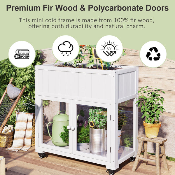 English Elm TOPMAX Mini Cold Frame Greenhouse with Fir Wood, Polycarbonate Doors, Raised Bed & Removable Wheels White N717P229026K