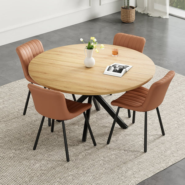 English Elm 47 Inch Round Dining Table For 4-6 People, Mid-Century Modern Style, Sturdy Wood & Metal Design T3623P380336