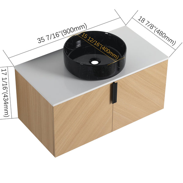 English Elm 36" Modern Wall-Mounted Bathroom Vanity With Ceramic Vessel Sink & Soft-Close Doors, Light Oak Finish W999S00452