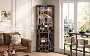 English Elm 67.3" Farmhouse Corner Bar Cabinet Led Lit Wine Storage with Built-in Power Outlets N735P361429D