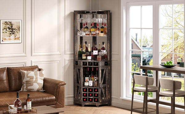 English Elm 67.3" Farmhouse Corner Bar Cabinet Led Lit Wine Storage with Built-in Power Outlets N735P361429D