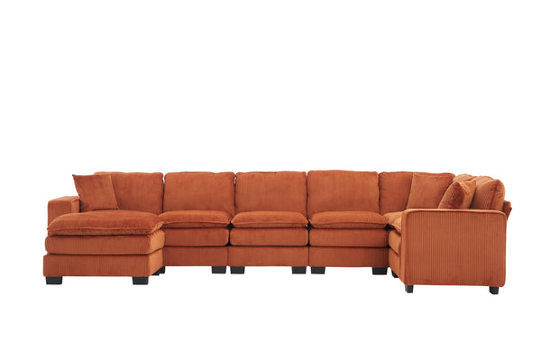 English Elm Modern U Shaped 6-Seat Sectional Sofa with Ottoman and 3 Toss Pillows, Corduroy Modular Comfort and Durable Frame Orange W2363S00043