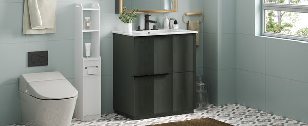 English Elm Christopher Knight Home® - 30" Bathroom Vanity With Elegant Ceramic Sink, Soft-Close Drawers & Fluted Green Design For Modern Spaces N817P295760G