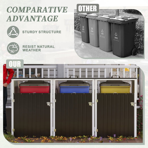 English Elm Garbage Bin Shed Galvanized Steel Enclosure Fits Three Cans with Lockable Waterproof Lid Dark Gray W1598P357716