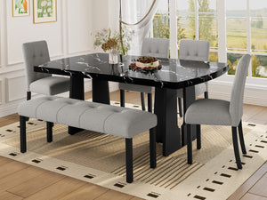 English Elm 6 Piece Dining Set with Rectangular Solid Wood Table, Upholstered Chairs & Bench, Rustic Charm, Easy Assembly, Seats 6 Black+ Gray N752S000011B