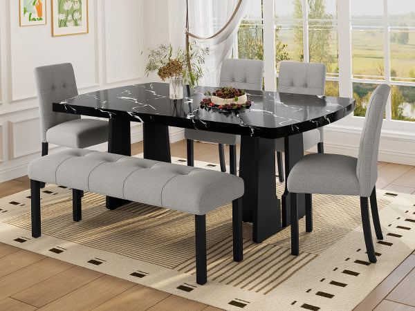 English Elm 6 Piece Dining Set with Rectangular Solid Wood Table, Upholstered Chairs & Bench, Rustic Charm, Easy Assembly, Seats 6 Black+ Gray N752S000011B