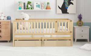 English Elm Twin Pinewood Daybed with Fence Guardrails Splits Into Two Floor Beds Storage Natural LP100881AAN