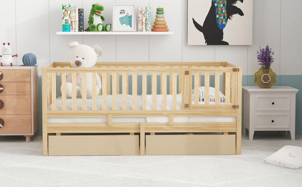 English Elm Twin Pinewood Daybed with Fence Guardrails Two Storage Drawers and Split Floor Bed Natural LP200881AAN