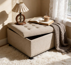 English Elm Storage Ottoman Tufted Nailhead Trim Lift Top Footstool for Living Room or Bedroom Camel W5568P447106