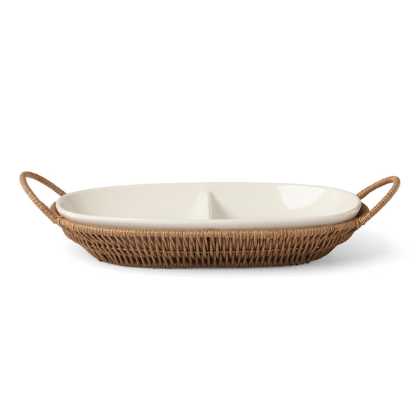 Lenox Willow Rattan Basket Serving Tray with Porcelain Inserts for Elegant Table Entertaining Divided Server with Tray 899015