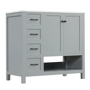English Elm 36" Freestanding Bathroom Vanity Solid Wood Mdf Cabinet Ceramic Undermount Sink Open Shelf Grey N725P364203E