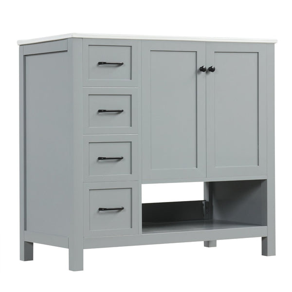 English Elm 36" Freestanding Bathroom Vanity Solid Wood Mdf Cabinet Ceramic Undermount Sink Open Shelf Grey N725P364203E