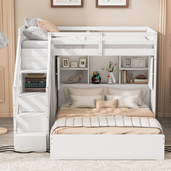 English Elm Twin Over Full Bunk Bed with Wardrobe Storage Stairs Shelves and Usb Charging White LT000292AAK