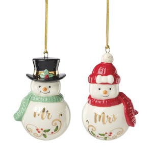 Lenox Mr. and Mrs. Snowman Porcelain Ornament Pair with Hand-painted Details and Gold Accents 899158