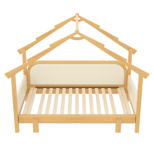 English Elm Twin Pine Treehouse Floor Bed with Padded Rails and Cabin Roofline for Kids White W1580S00383