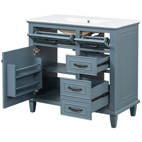 English Elm 36 Inch Bathroom Vanity With Ceramic Sink, Adjustable Shelf, Stylish Storage, Modern Blue Finish N725P336554C