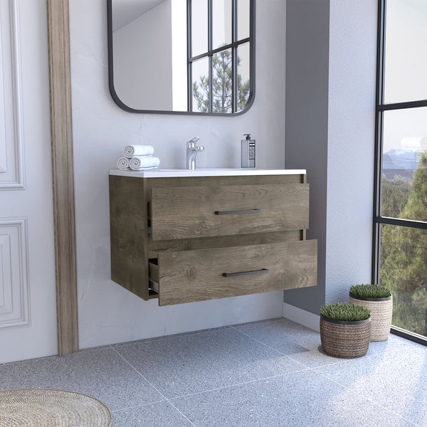 English Elm Praga Floating Vanity Sink with 2 Drawers in White — Wall-Mounted, Compact Luxury, Ample Storage, Sink Included B070S00344