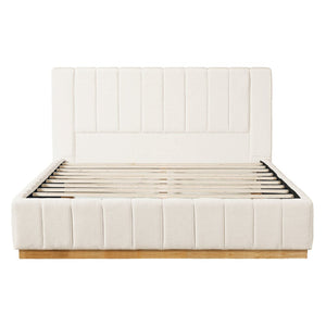 English Elm Modern, Quilted Upholstered Queen Bed Rubberwood Frame Beige Fabric Striped Headboard N769Q360699A
