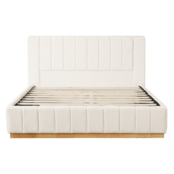 English Elm Modern, Quilted Upholstered Queen Bed Rubberwood Frame Beige Fabric Striped Headboard N769Q360699A